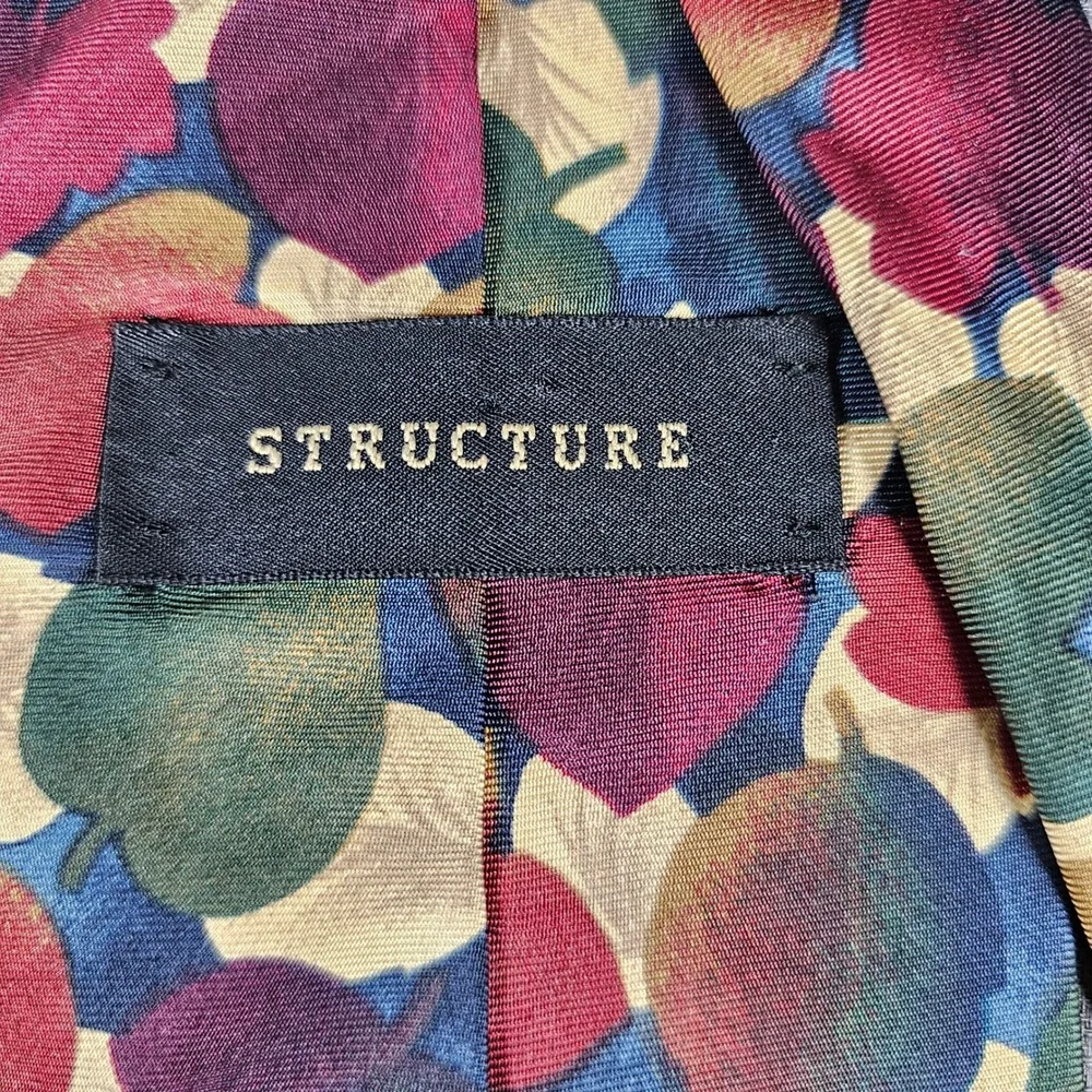 Structure Mens Silk Necktie Autumn Leaf Pattern Red Green Blue Vintage